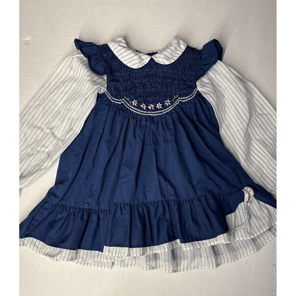 Vintage Swing Top Dress Blue & White Pinstripe Embroidered Long Sleeve Collar - Picture 1 of 10